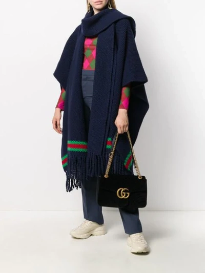 Shop Gucci Chunky Knit Stripe Detail Poncho In Blue