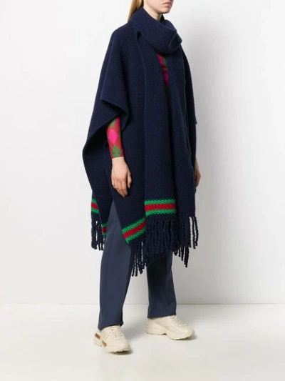 Shop Gucci Chunky Knit Stripe Detail Poncho In Blue
