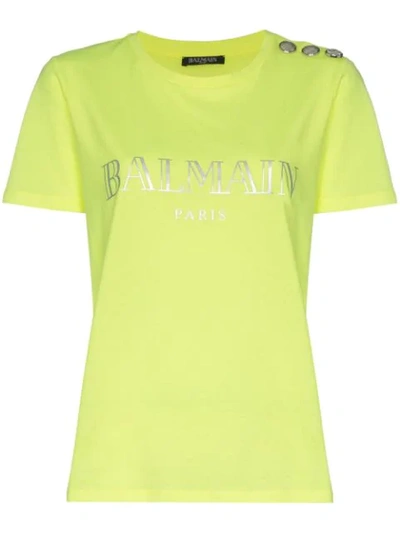Shop Balmain Short Sleeve Logo Top  In C0530 Yellow