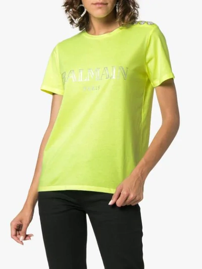 Shop Balmain Short Sleeve Logo Top  In C0530 Yellow