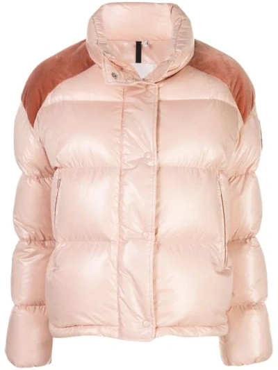 Shop Moncler Contrast Panel Puffer Jacket In Pink