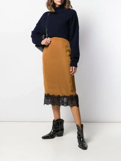 Shop Essentiel Antwerp Lace-trimmed Pencil Skirt In Brown