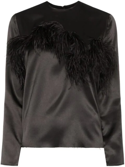Shop Marques' Almeida Feather-trimmed Satin Blouse In Black