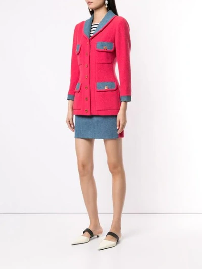 Pre-owned Chanel Woven Denim Skirt Suit In Red