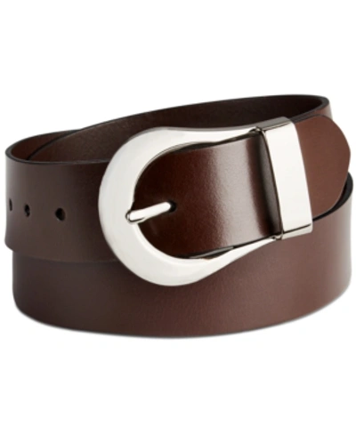 Shop Calvin Klein Flat-strap Statement Buckle Leather Belt In Ash Brown/polished Nickel