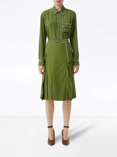 Shop Burberry Crystal Detail Panelled Wool Crepe A-line Skirt In Green