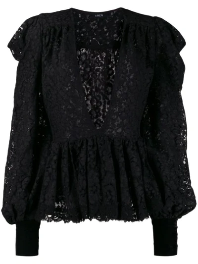 Shop Amen Plunging Neck Lace Blouse In Black