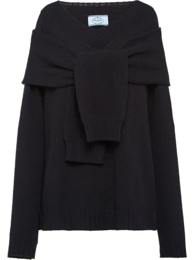 Shop Prada Tie-front Relaxed Jumper In Black