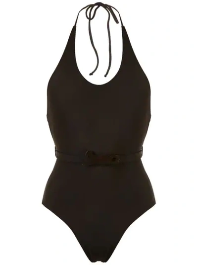 Shop Adriana Degreas Belted Halter Neck Swimsuit In Brown