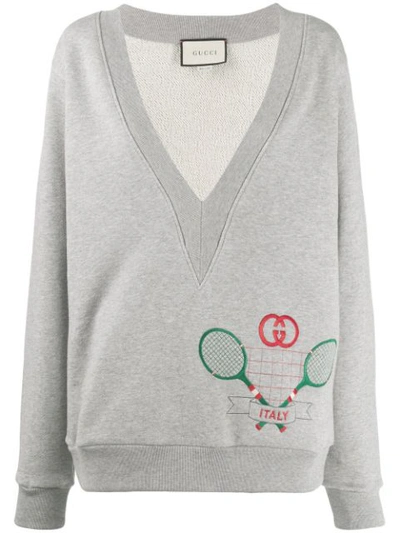Shop Gucci Plunge Neck Tennis Sweatshirt In Grey