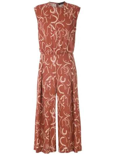 Shop Andrea Marques Printed Cropped Jumpsuit In Brown