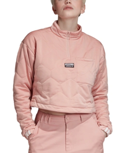 Shop Adidas Originals Women's Quilted Half-zip Cropped Sweatshirt In Pink Spirit