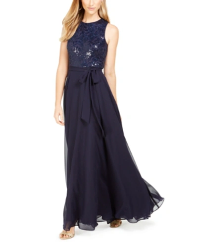 Shop Calvin Klein Sequined & Chiffon Gown In Twilight Navy