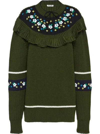 Shop Miu Miu Ruffled Floral Embroidered Sweater - Grün In Green