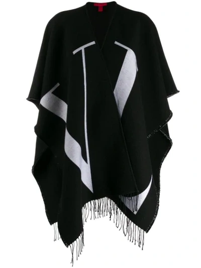 Shop Valentino Logo Print Fringed Cape In Black