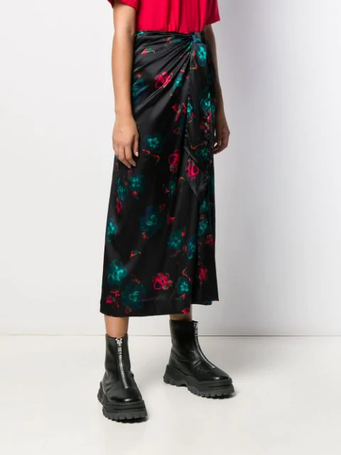 Ganni Knotted Floral-print Silk-blend Satin Midi Skirt In Black | ModeSens