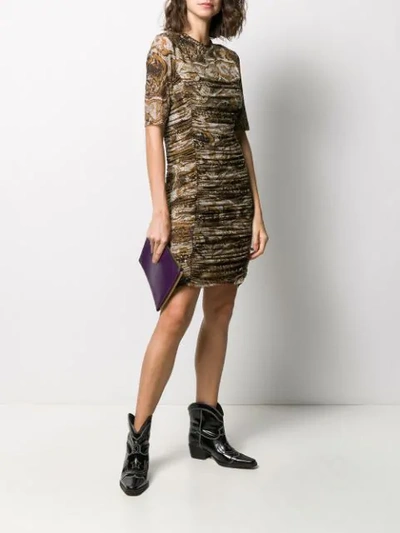 Shop Ganni Ruched Graphic Snake Dress In Brown
