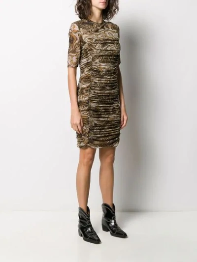 Shop Ganni Ruched Graphic Snake Dress In Brown