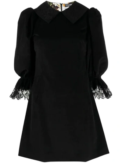 Shop Dolce & Gabbana Puff-sleeved Short Velvet Dress In Black