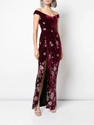 Shop Marchesa Notte Embroidered Floral Gown In Red