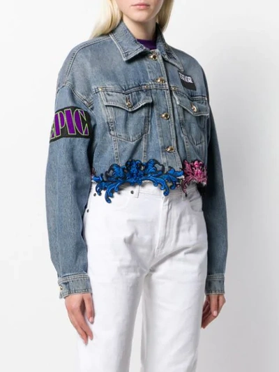 Shop Versace Jeans Couture Lace Hem Denim Jacket In Blue