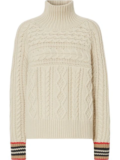 Shop Burberry Icon Striped Cuffs Cable Jumper In Neutrals