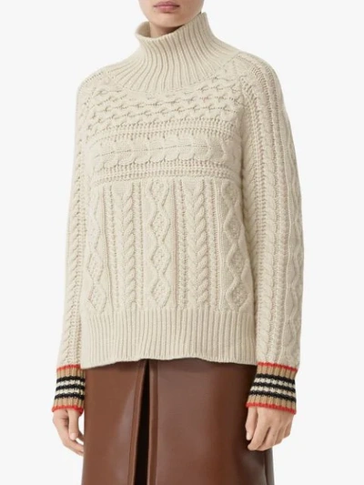 Shop Burberry Icon Striped Cuffs Cable Jumper In Neutrals
