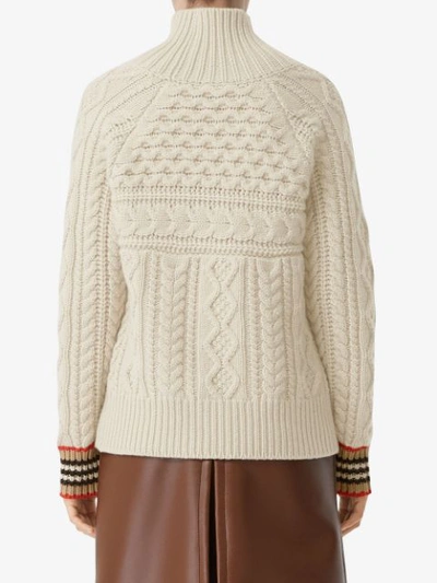 Shop Burberry Icon Striped Cuffs Cable Jumper In Neutrals