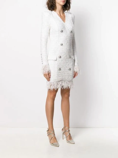 Shop Balmain Feather-trimmed Tweed Blazer Dress In White