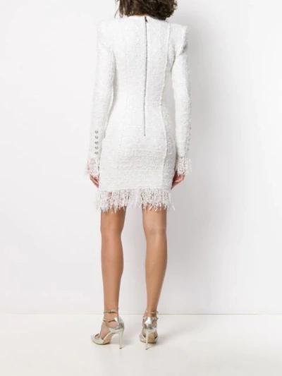 Shop Balmain Feather-trimmed Tweed Blazer Dress In White