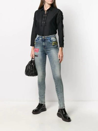 Shop Versace Jeans Couture Barocco-detail Skinny Jeans In Blue