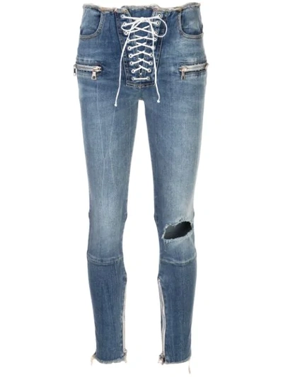 Shop Ben Taverniti Unravel Project Lace-up Mid-rise Skinny Jeans In Blue