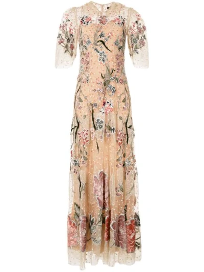 Shop Biyan Floral-embroidered Tulle Gown In Neutrals