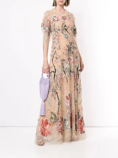 Shop Biyan Floral-embroidered Tulle Gown In Neutrals