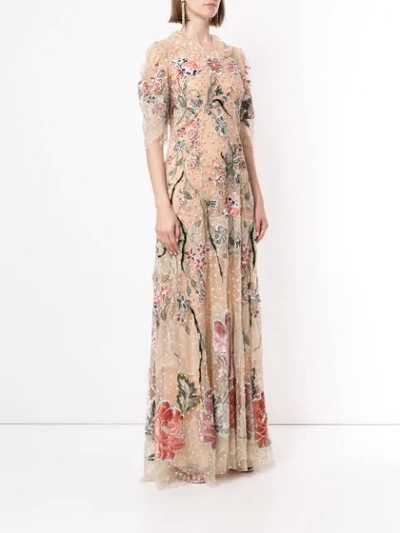 Shop Biyan Floral-embroidered Tulle Gown In Neutrals