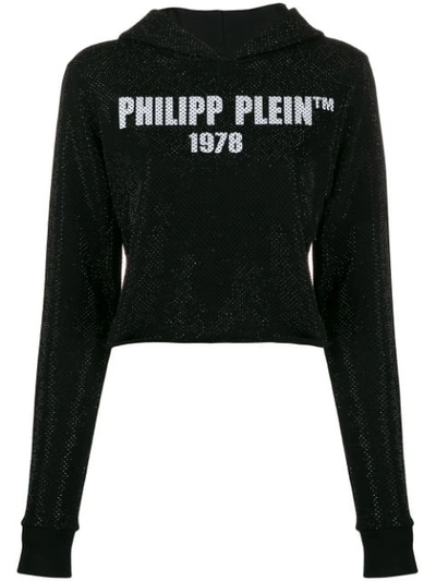 Shop Philipp Plein Logo Printed Cropped Hoodie In Black