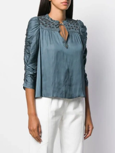 Shop Ulla Johnson Embroidered Cropped Sleeve Blouse In Blue