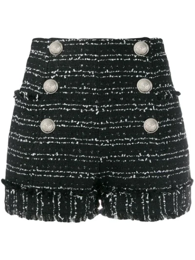 Shop Balmain Frayed Tweed Shorts In Black