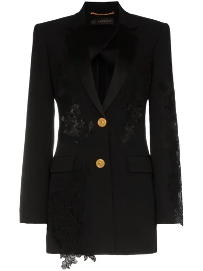 Shop Versace Sheer Lace Detail Blazer In Black