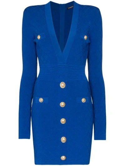 Shop Balmain Fitted V-neck Mini Dress In Blue