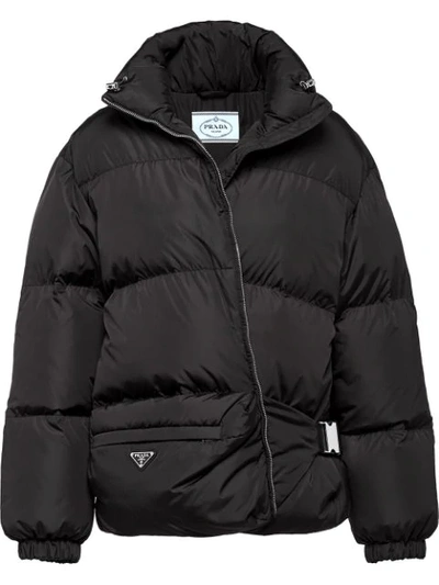 Shop Prada Triangle Logo Puffer Jacket - Black