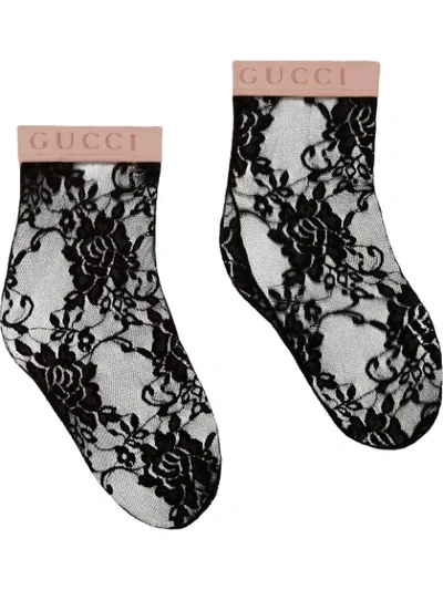 Shop Gucci Floral Lace Ankle Socks In Black