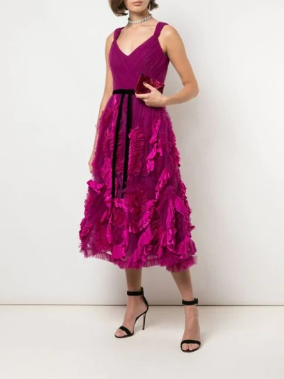 Shop Marchesa Notte Mix-media Textured Tulle Tea Length Dress In Purple