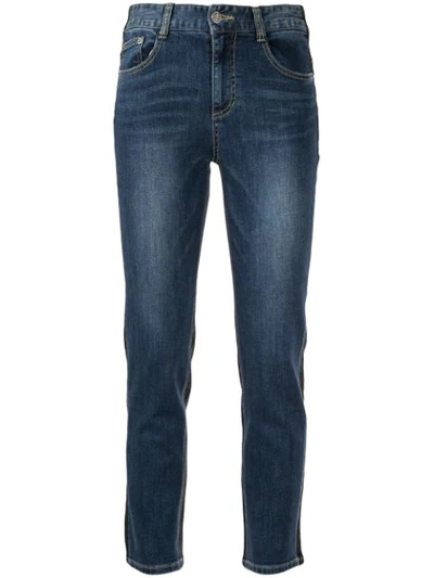 Shop Sjyp Contrast Stitch Slim Leg Denim Jeans In Blue