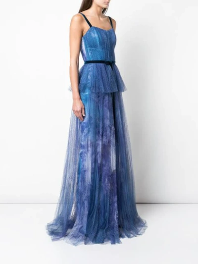 Shop Marchesa Notte Printed Sequin Pleated Tulle Gown In Blue