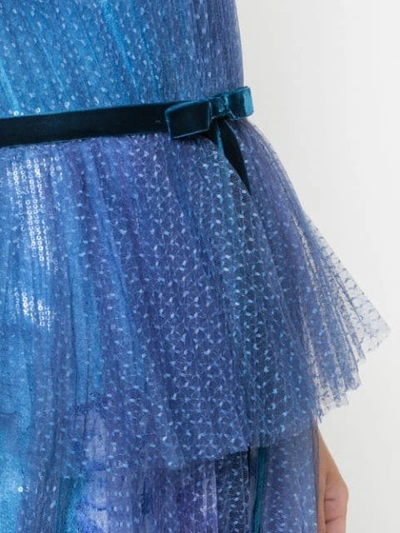 Shop Marchesa Notte Printed Sequin Pleated Tulle Gown In Blue