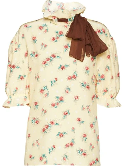 Shop Miu Miu Floral Print Bow Detail Blouse In F0032 Vanilla