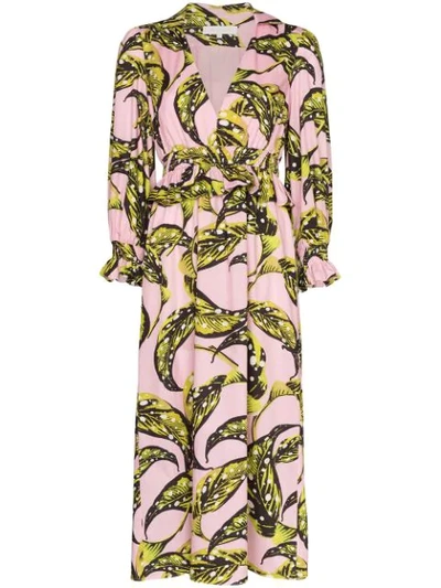 Shop Borgo De Nor Christine Ruffled Leaf Print Midi Dress In Pink