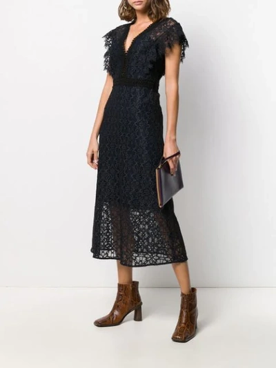 Shop Sandro Lace Cap-sleeve Midi Dress In 44 Marine