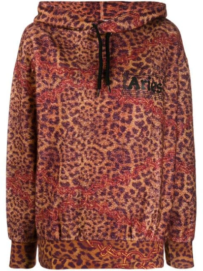Shop Aries Leopard Print Hoodie In Brown